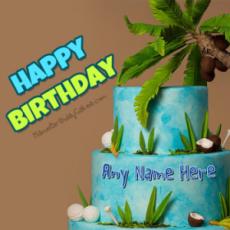 Birthday Beautiful Palm Tree Sky Blue Cake With Name For Kids and Share