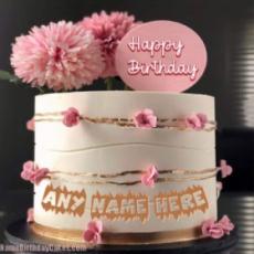 Birthday White Round Cake Pink Fresh Pom Flowers Cake With Name