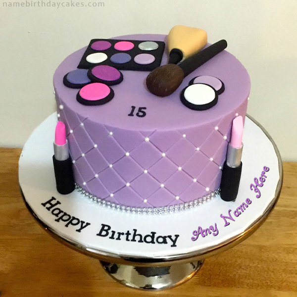 Create Personalized 15th Birthday Makeup purple Cake for Girls with Custom Name | august | Friendship | Name Birthday Cakes with Name & Photo | Free Online Birthday Cake With Name and Photo Birthday Cake For Girls Maker | namebirthdaycakes