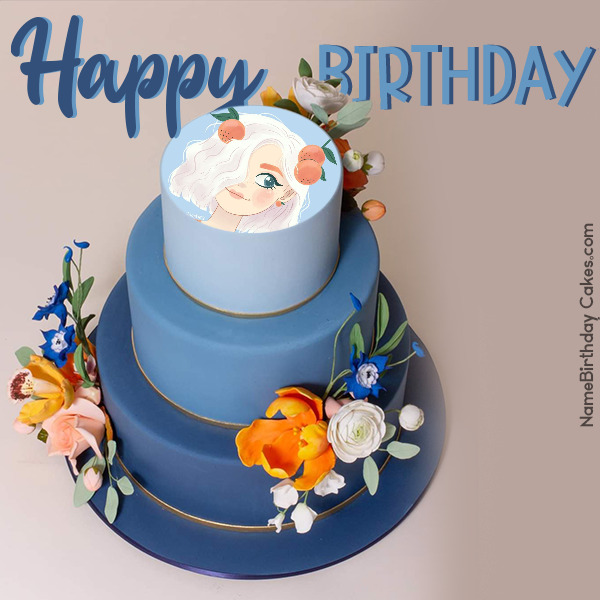 Birthday Cake Round Three Tier Blue Cake For Friend With Photo and Share