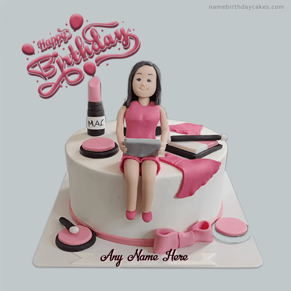 Create Personalized Pink makeup Birthday Cake for girls with custom Name | Birthday | july | Name Birthday Cakes with Name & Photo | Free Online Birthday Cake With Name and Photo Birthday Cake For Girls Maker | namebirthdaycakes