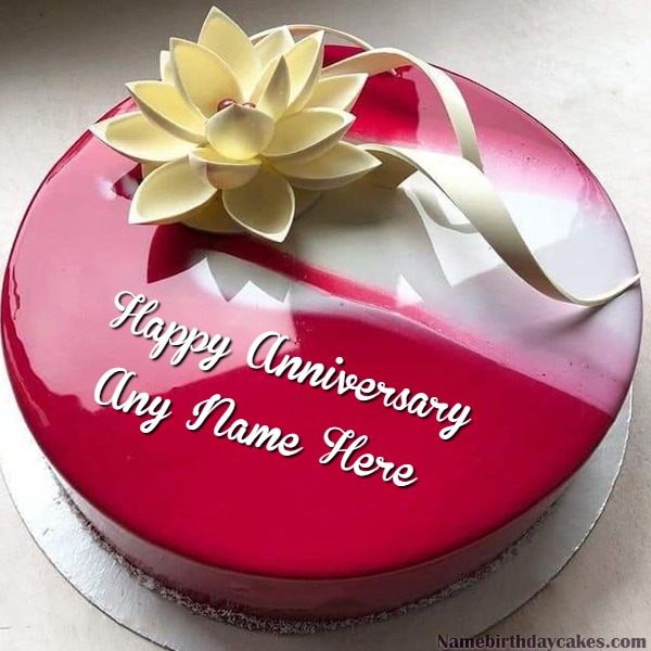 First Anniversary cake Round Pink Mirror Cake With White Flower With Name