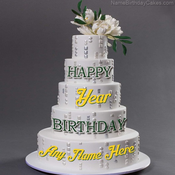 Happy Birthday White Four Tier Cake With Name and Age