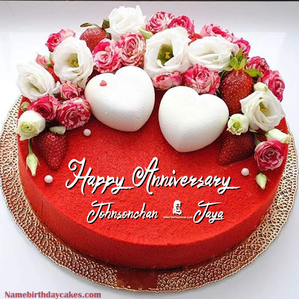 Anniversary Cake Red Velvet Strawberry Flower Cake With Name for Johnsonchan &Jaya